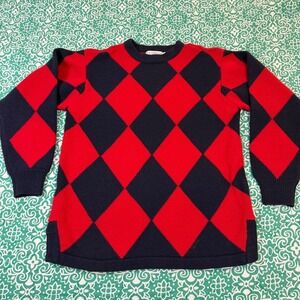 Liz Claiborne Petite Red Navy Argyle Lambswool Blend Crewneck Sweater Size P